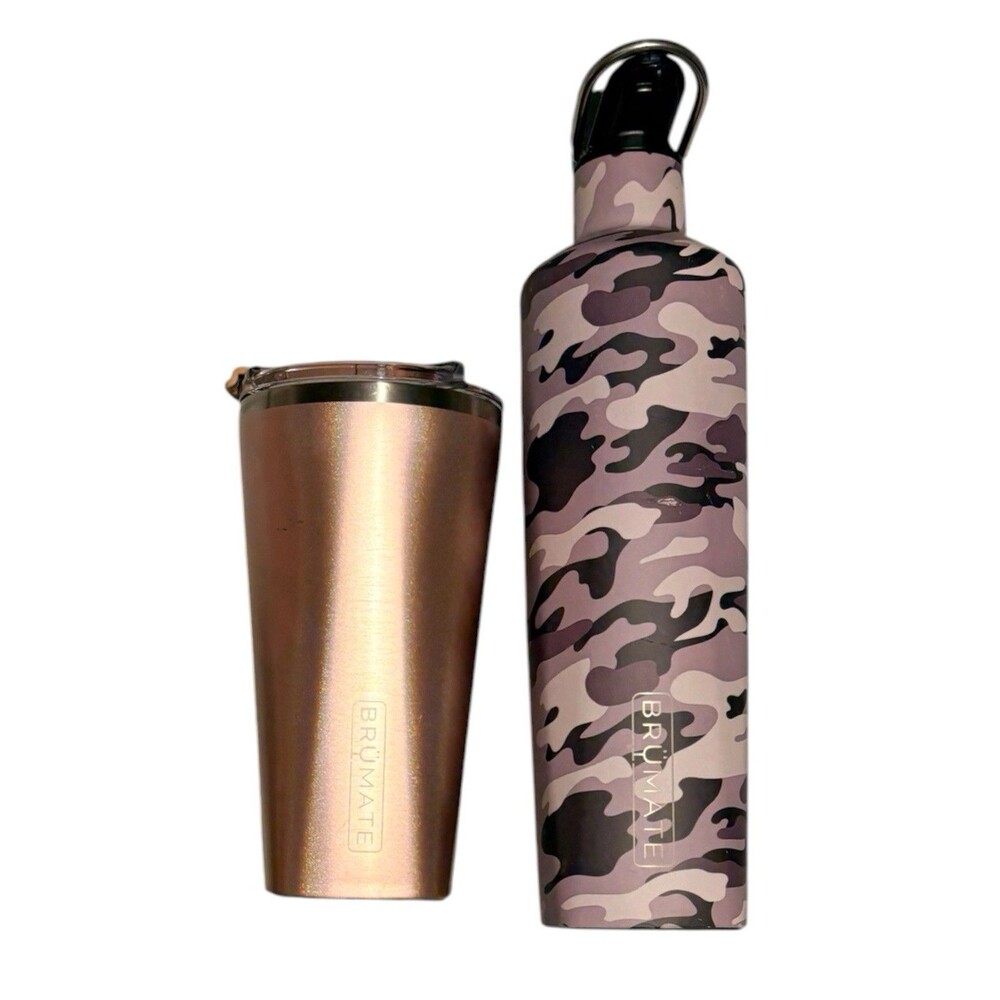 Lot Of 2 Brumate Mugs Coffee And Water Bottle Purple Camo Rose Gold